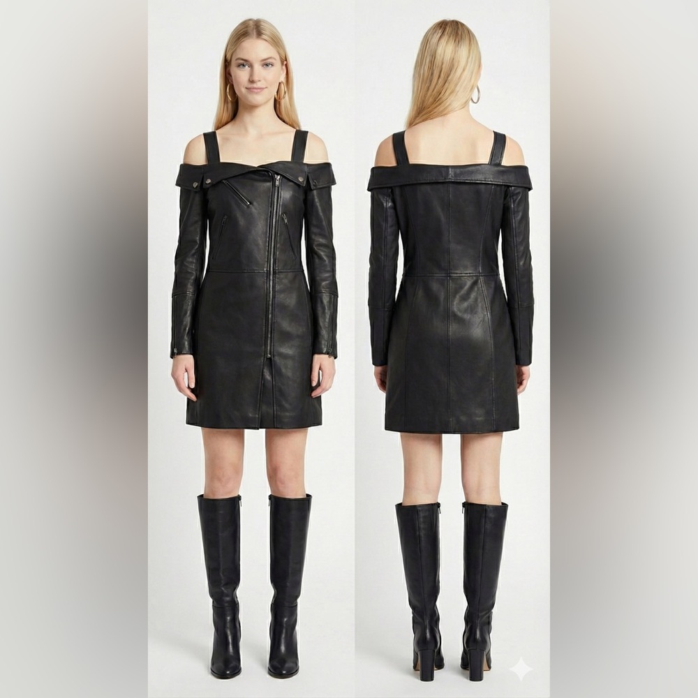 Bcbgmaxazria Alta Off Shoulder Faux Vegan Leather Moto Dress NWT